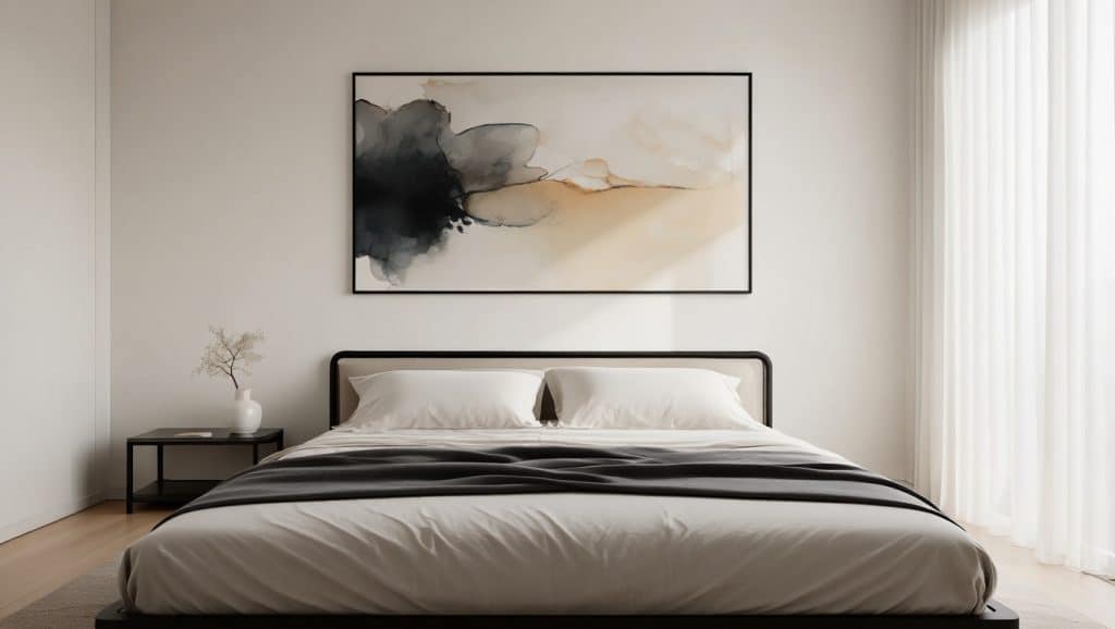 chambre décorée dans un style minimaliste artistique avec couleurs neutres