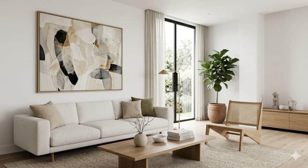 salon avec décoration minimaliste artistique et tableau abstrait moderne