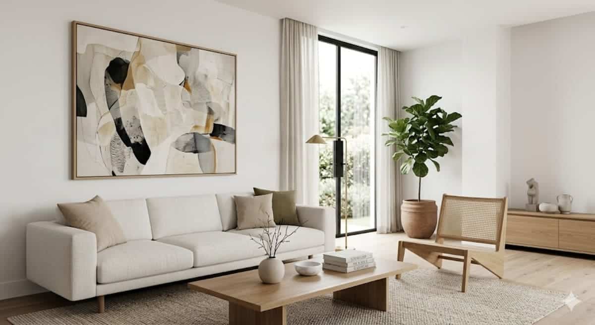 salon avec décoration minimaliste artistique et tableau abstrait moderne