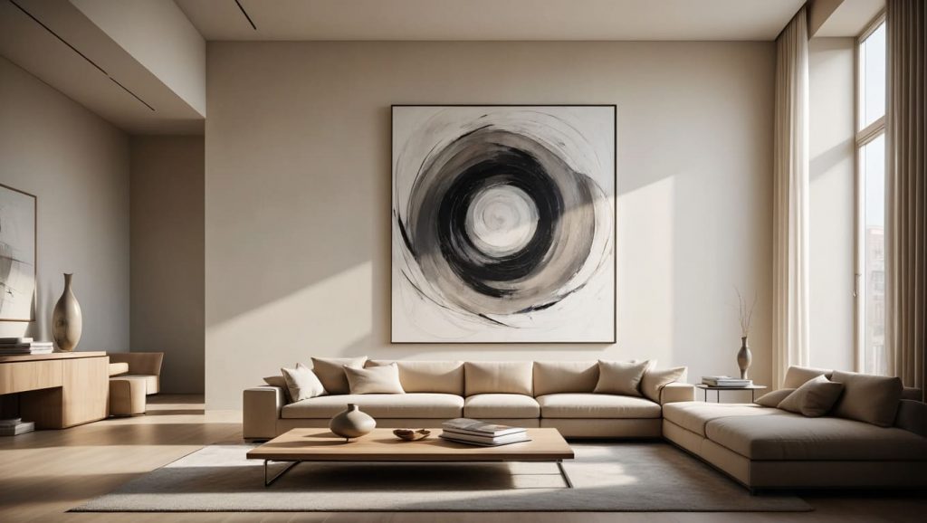 intérieur minimaliste artistique avec tableau abstrait et mobilier épuré
