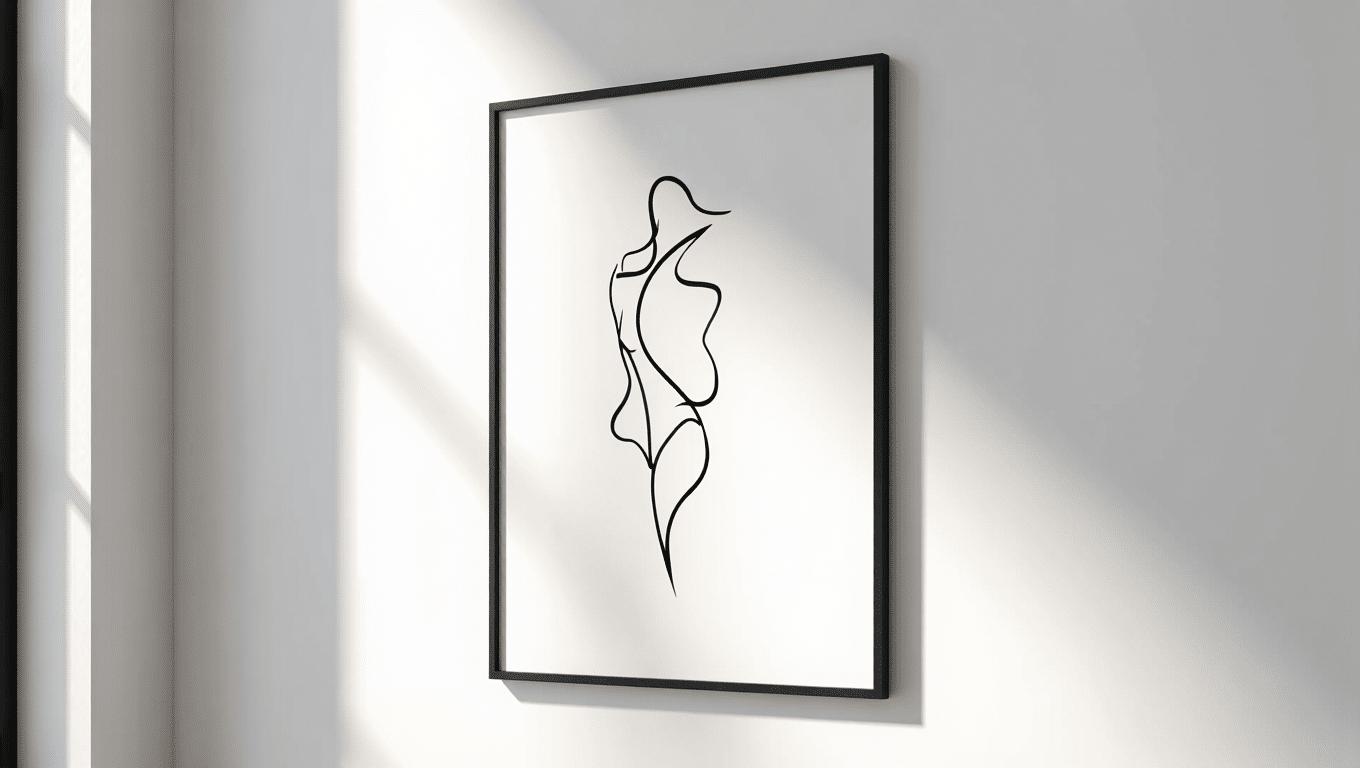 Affiche minimaliste noir et blanc encadrée dans un intérieur épuré — talentsartistiques.com