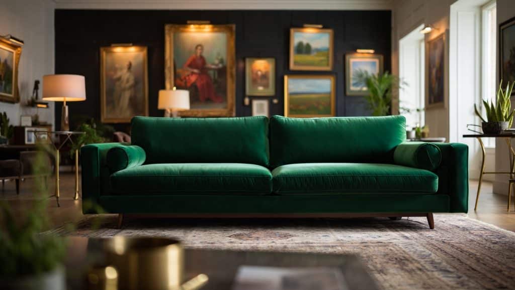 Idée déco salon mur noir avec tableaux et mobilier élégant