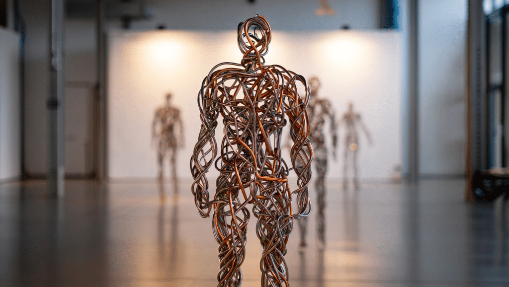 Sculpture fil de fer artiste — œuvre contemporaine en fil métallique dans une galerie d'art