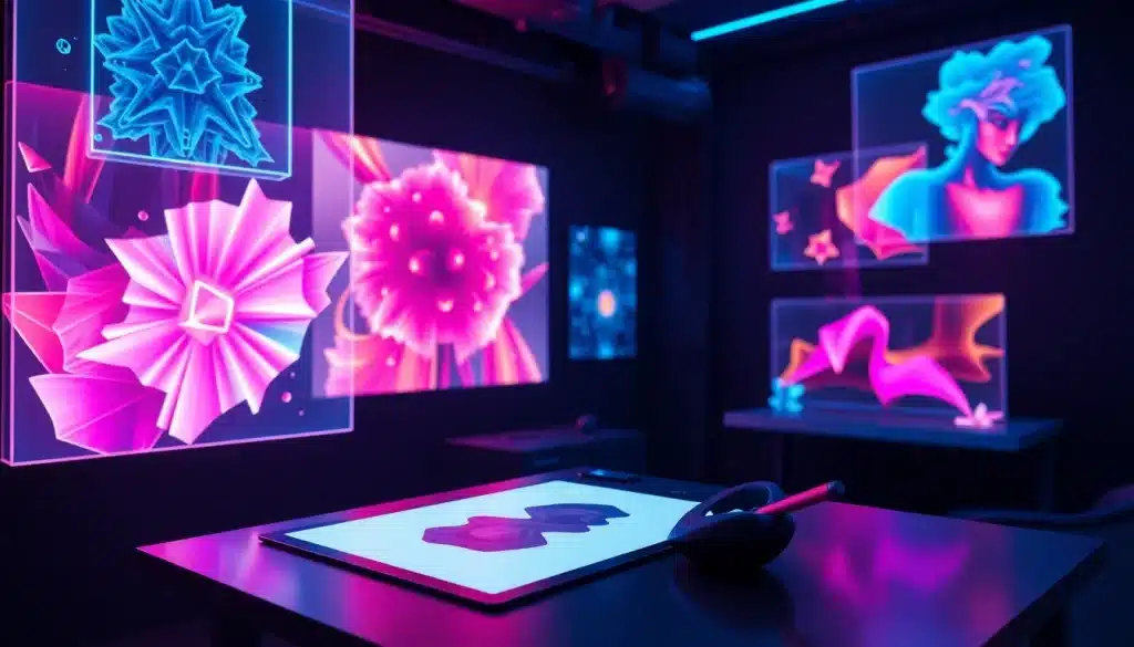 Artiste numérique — studio de création digitale avec écrans holographiques et œuvres d'art 3D