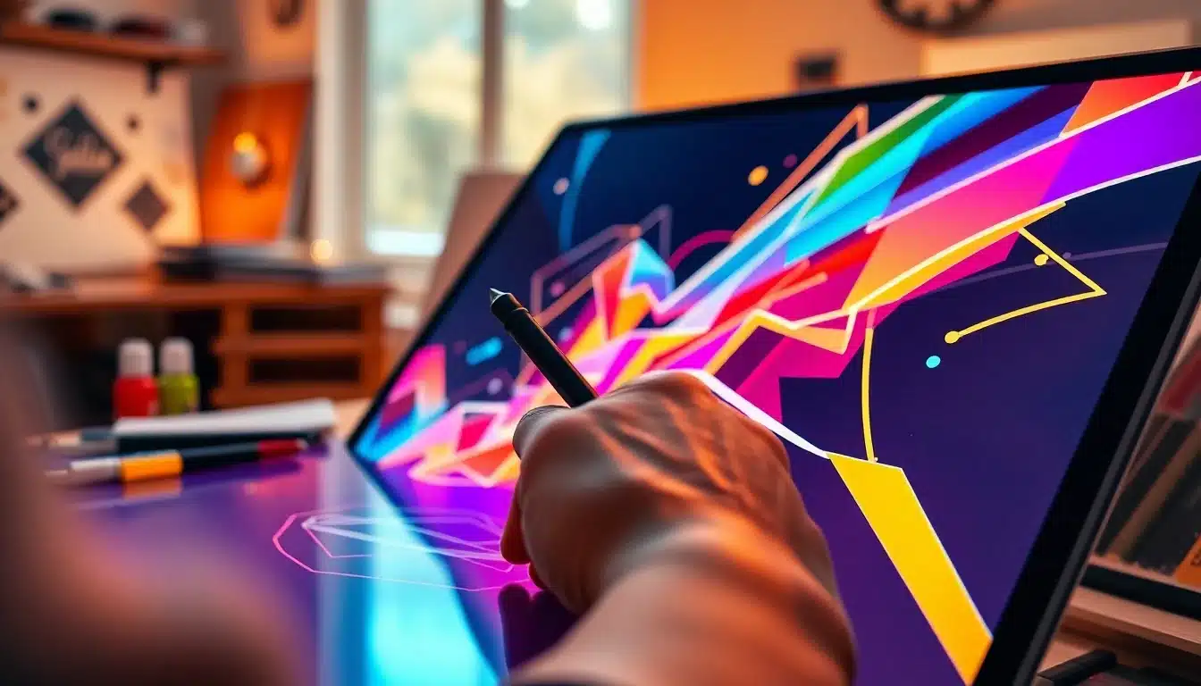 Artiste numérique créant une œuvre sur tablette graphique dans un studio de création digitale