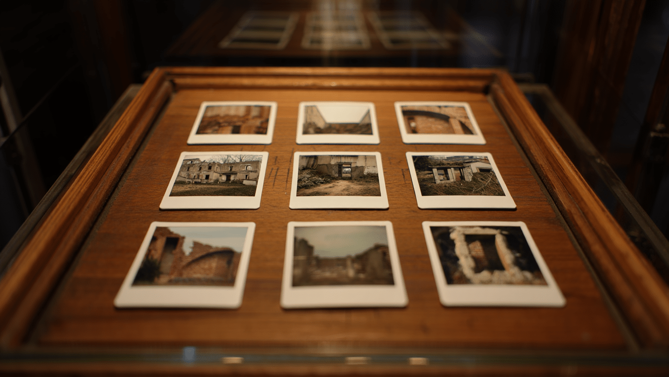 Cyprien Gaillard — grille de Polaroids montrant des ruines architecturales sous vitrine — talentsartistiques.com