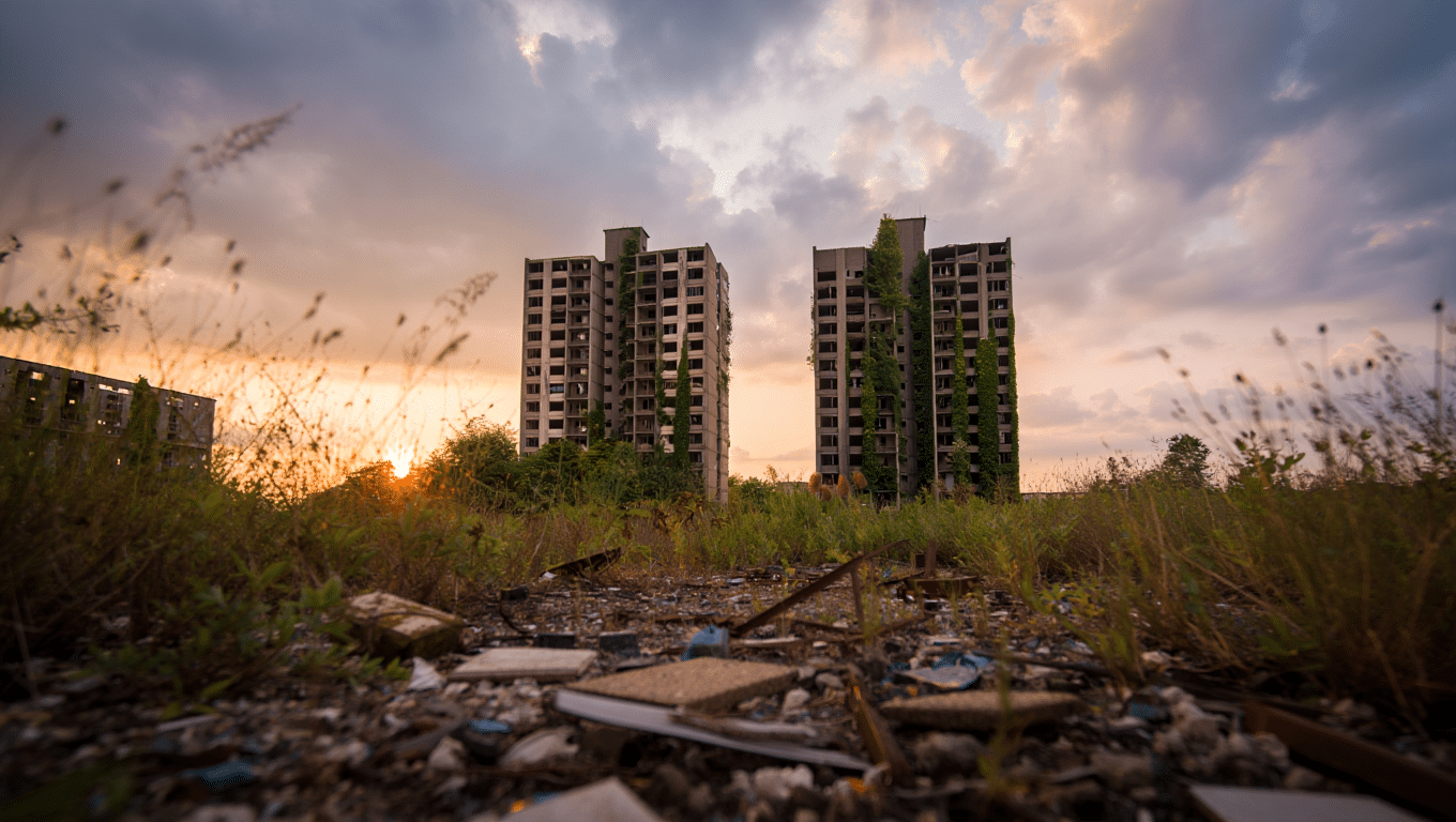 Cyprien Gaillard — ruines architecturales brutalistes envahies par la végétation au coucher du soleil — talentsartistiques.com