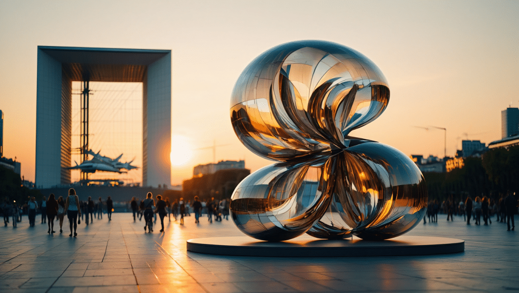 Les Extatiques — sculptures monumentales contemporaines sur l'esplanade de La Défense au coucher du soleil