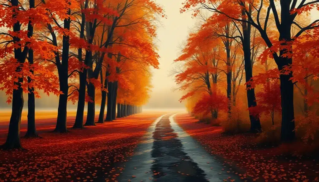 Automne en peinture : allée d'arbres aux feuillages ocre et rouge sous une lumière dorée — talentsartistiques.com
