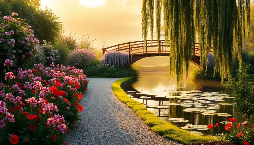 Jardins impressionnistes : bassin aux nymphéas, pont japonais et massifs fleuris au lever du jour