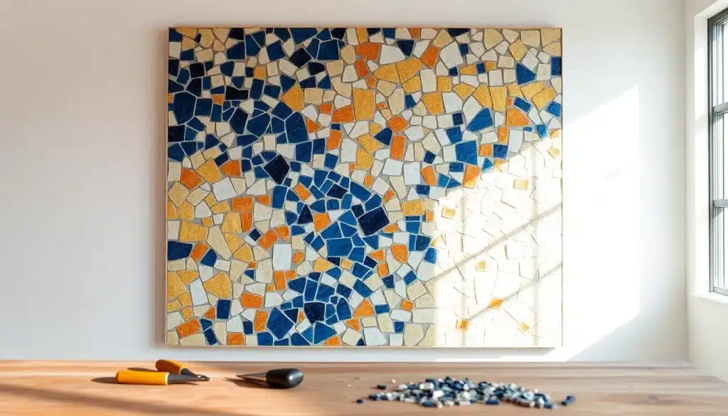 Panneau de mosaïques contemporaines en verre et marbre accroché sur un mur blanc de galerie