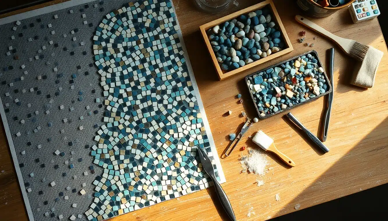 Pose des tesselles à la pince sur un panneau de mosaïques contemporaines en cours de réalisation