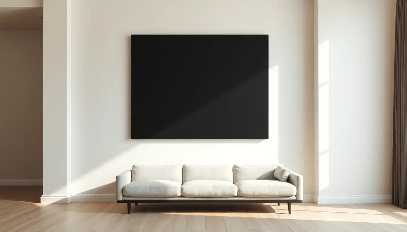 Noir absolu : grande toile monochrome accrochée dans un salon contemporain — talentsartistiques.com