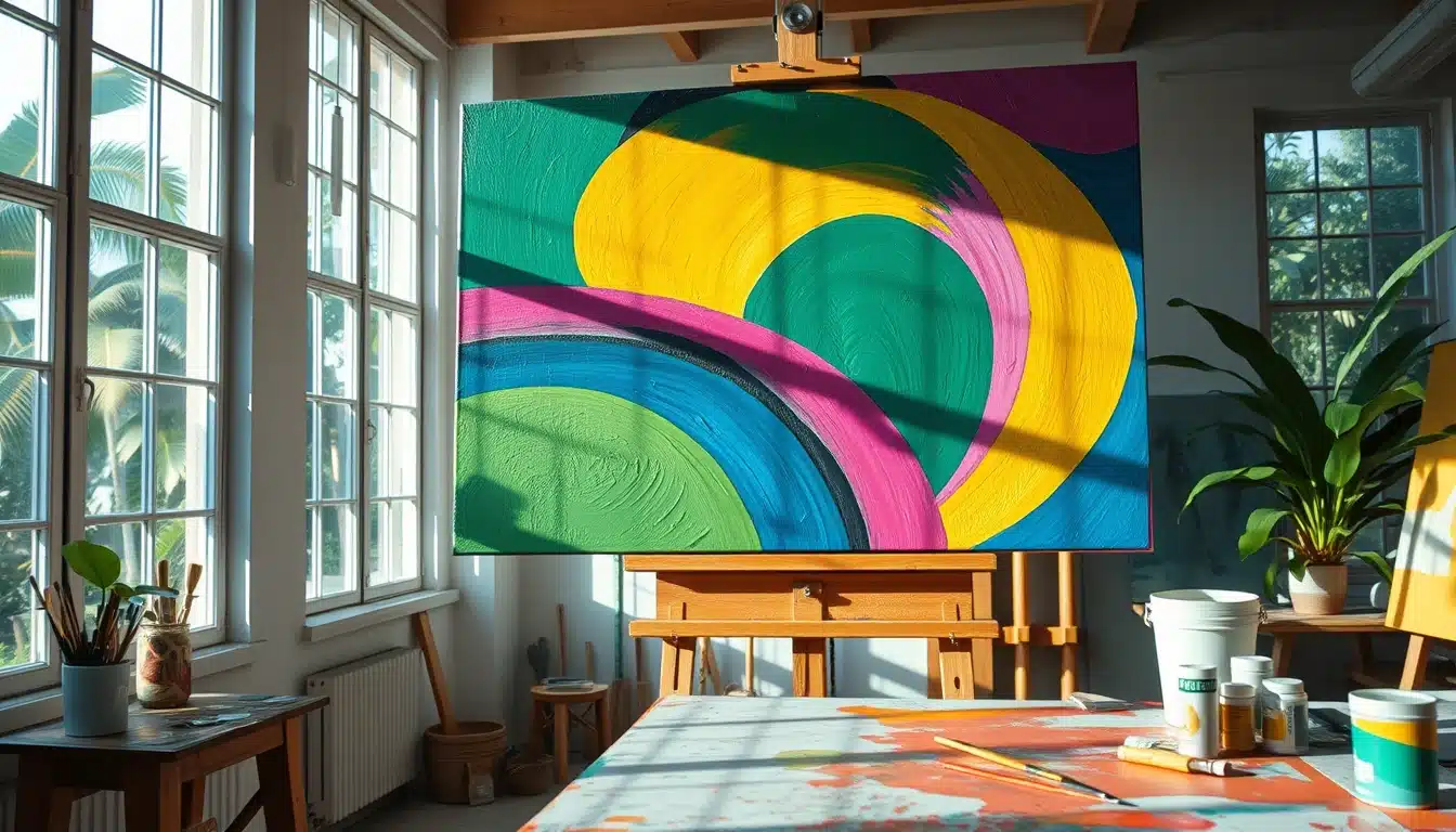 Peinture brésilienne moderniste aux couleurs tropicales dans un atelier — talentsartistiques.com