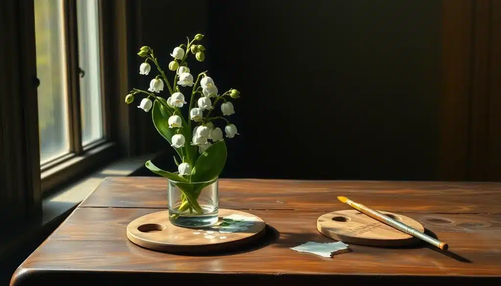Peinture muguet : nature morte de brins de muguet dans un verre près d'une palette d'artiste
