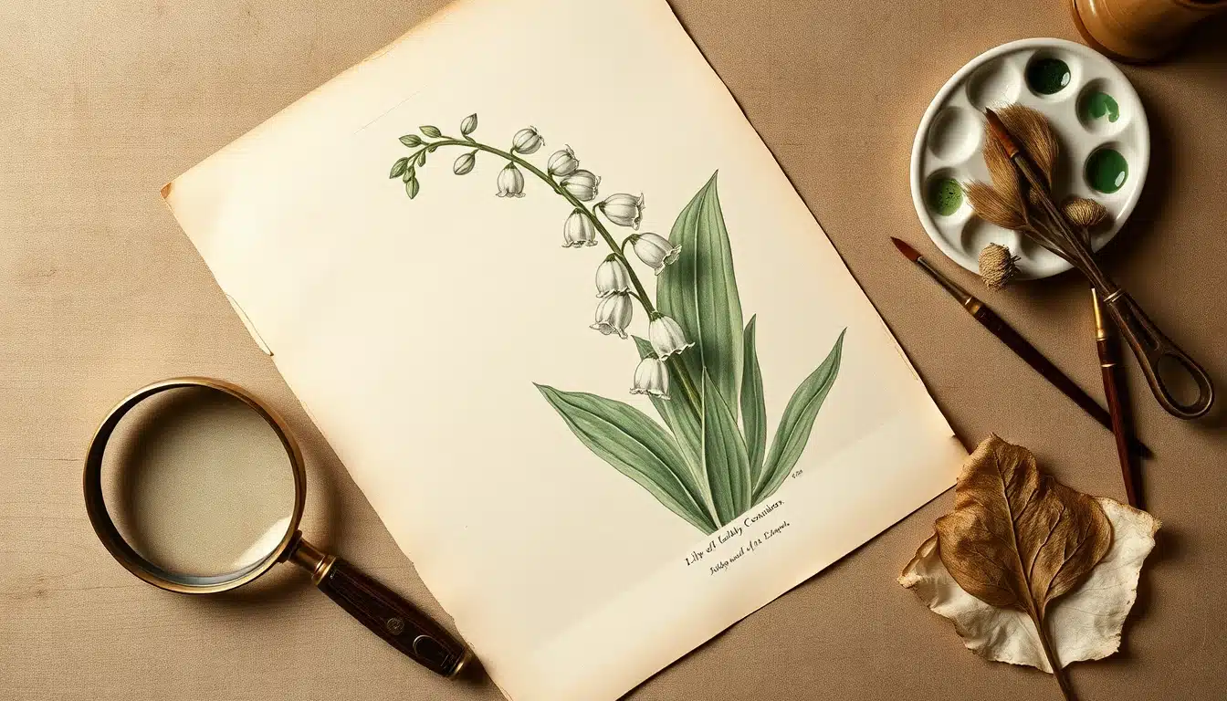 Peinture muguet : planche botanique ancienne aquarellée représentant Convallaria majalis