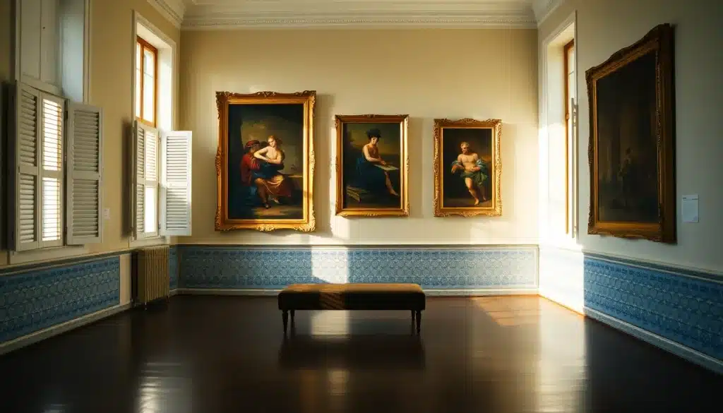 Peinture portugaise exposée dans une salle de musée à Lisbonne aux murs ornés d'azulejos