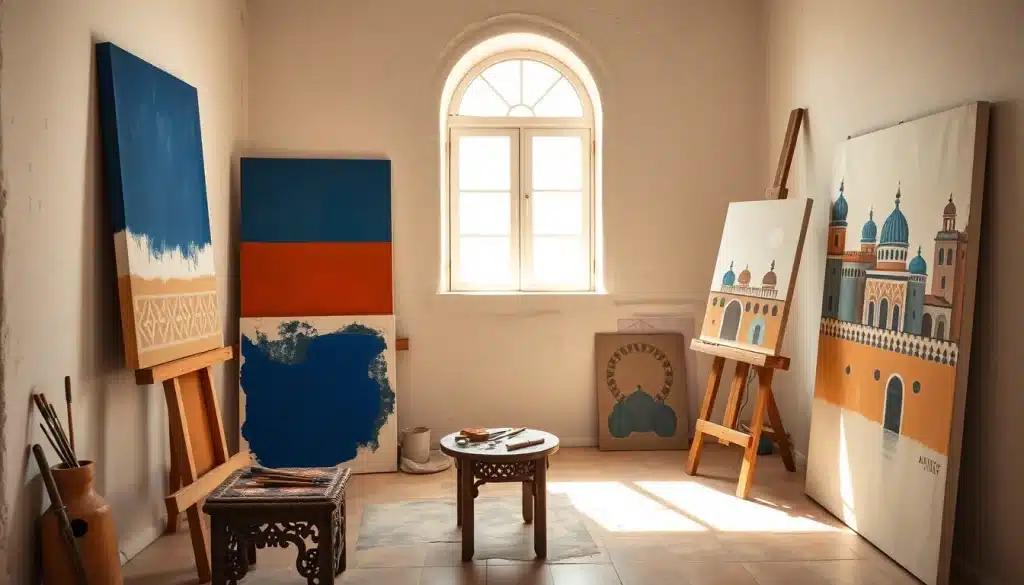 Atelier d'artiste en Tunisie avec des toiles de peinture tunisienne aux tons bleu cobalt et ocre — talentsartistiques.com