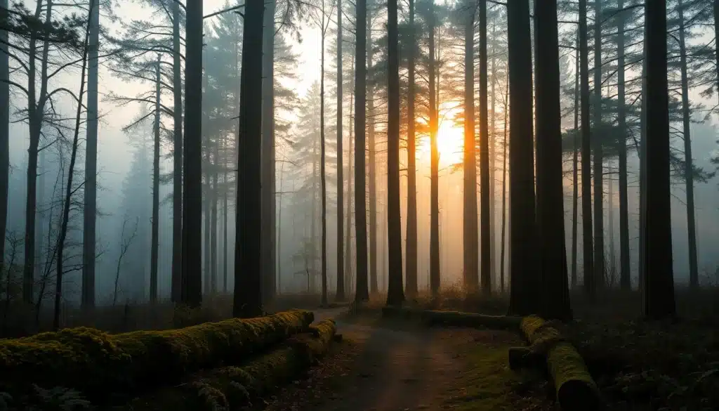 Peintures de forêts : sous-bois brumeux au lever du jour, motif emblématique des paysagistes