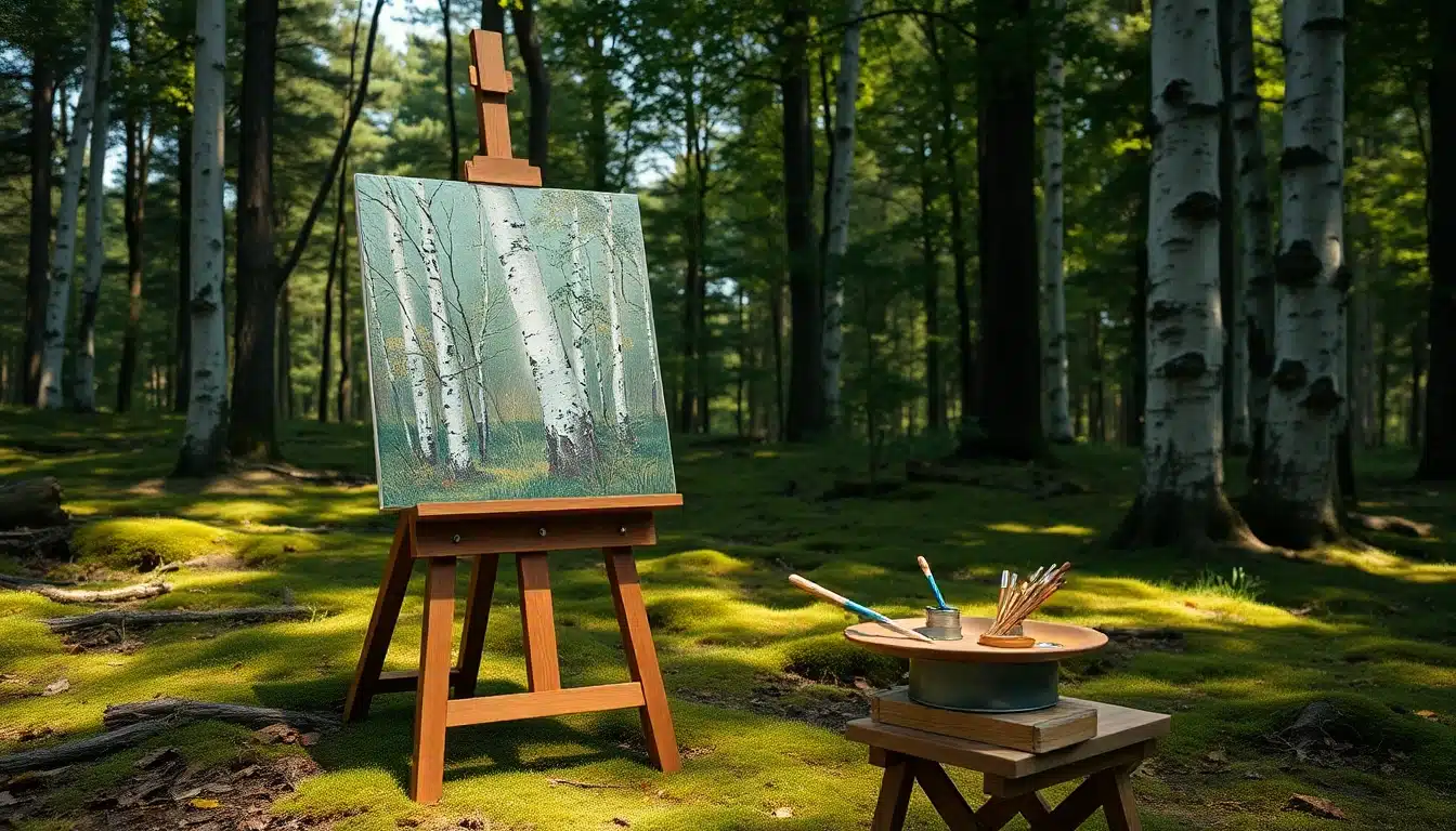 Peintures de forêts réalisées sur le motif : chevalet et palette installés dans un sous-bois de bouleaux