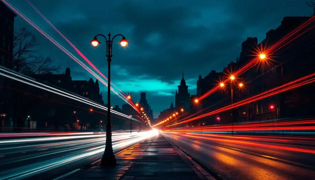 Photographie mouvement : filé de phares rouges et blancs sur un boulevard nocturne en pose longue — talentsartistiques.com