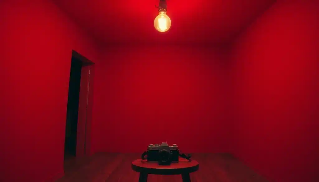 Photographie rouge : pièce entièrement peinte en rouge éclairée par une ampoule nue — talentsartistiques.com