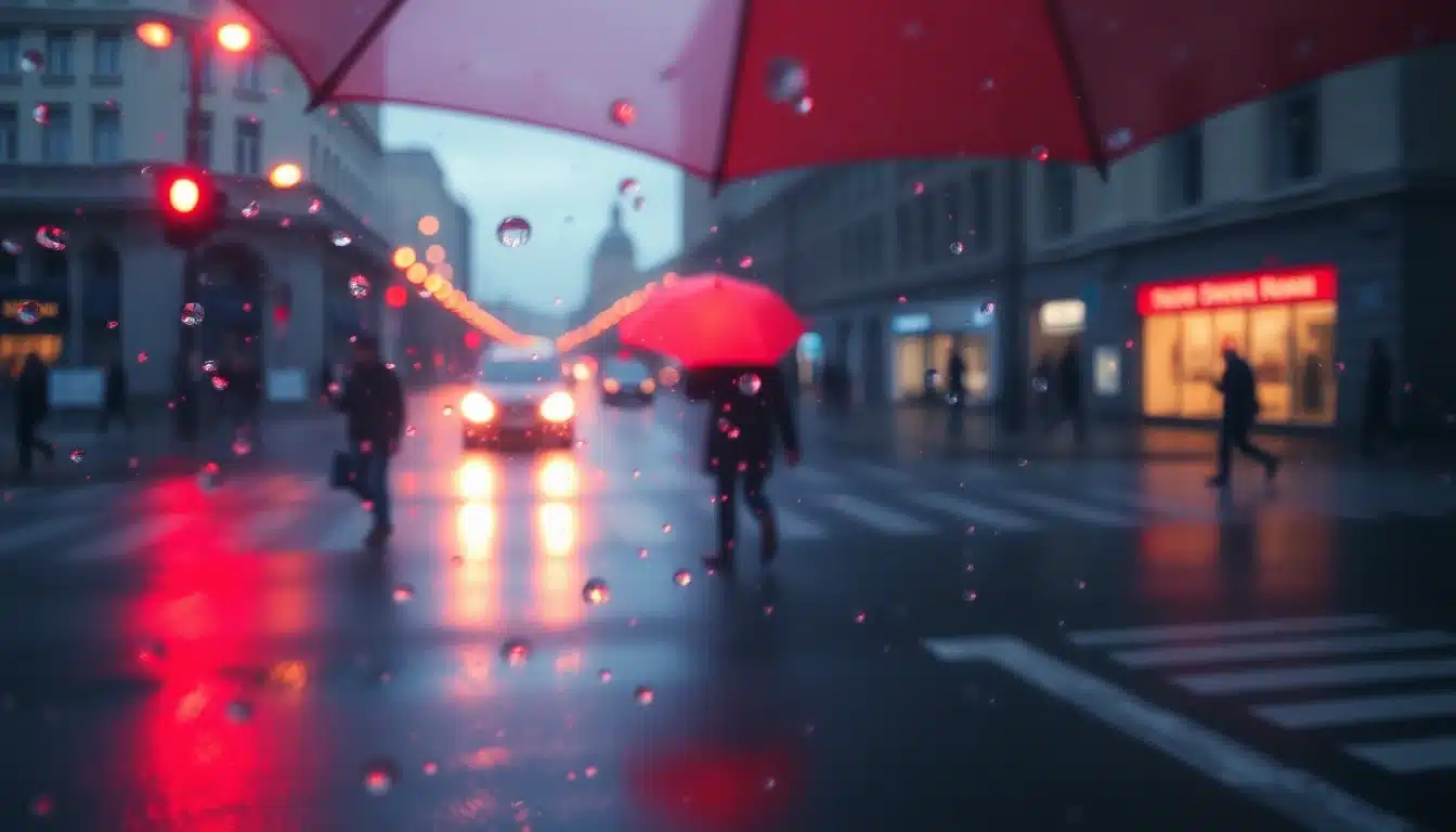 Photographie rouge : parapluie écarlate isolé dans une rue pluvieuse aux tons gris — talentsartistiques.com