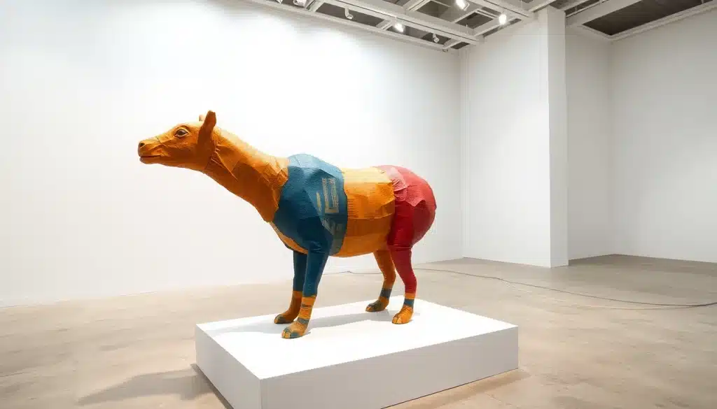 Sculpture papier mâché art contemporain exposée sur socle dans une galerie blanche