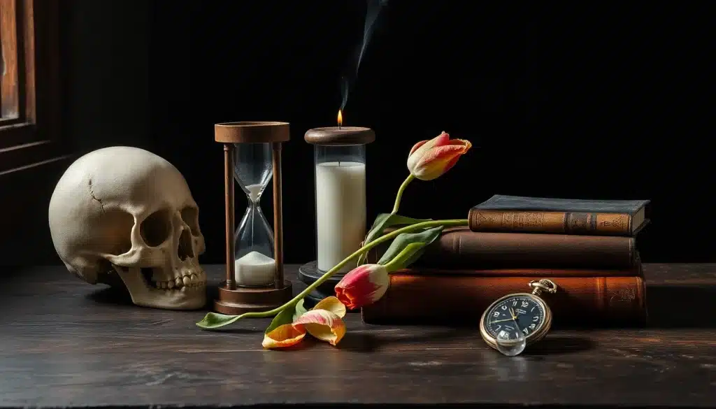 Tableau sur le temps qui passe : vanité au crâne, sablier et bougie éteinte — talentsartistiques.com