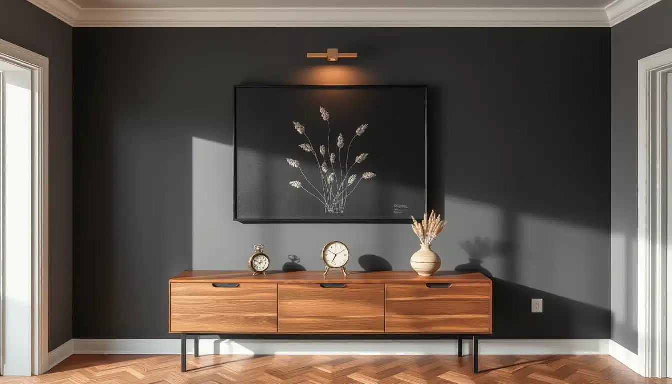 Accrochage d'un tableau sur le temps qui passe sur un mur anthracite avec éclairage cadre — talentsartistiques.com