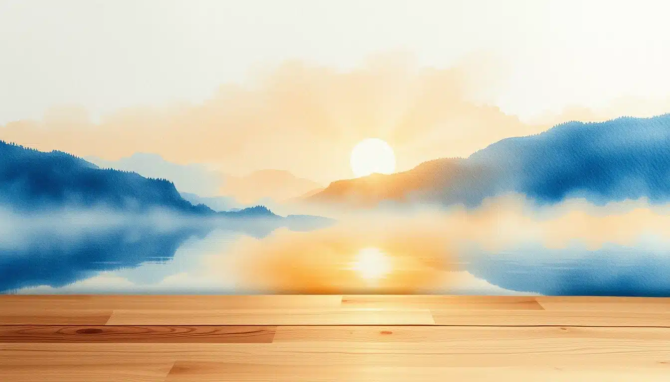 Turner aquarelle : lavis de lac et de montagne au lever du soleil dans le style du maître anglais