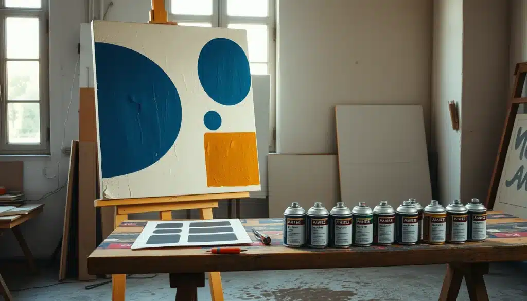 Deka peintre : atelier avec pochoirs découpés, bombes et toile géométrique sur chevalet