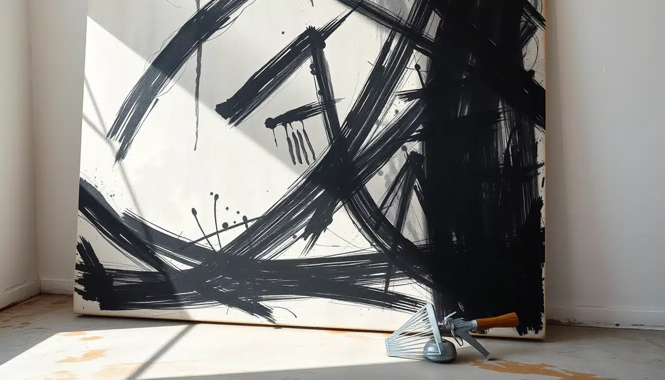 Peinture Hartung : grande toile abstraite noire griffée au râteau dans l'atelier — talentsartistiques.com