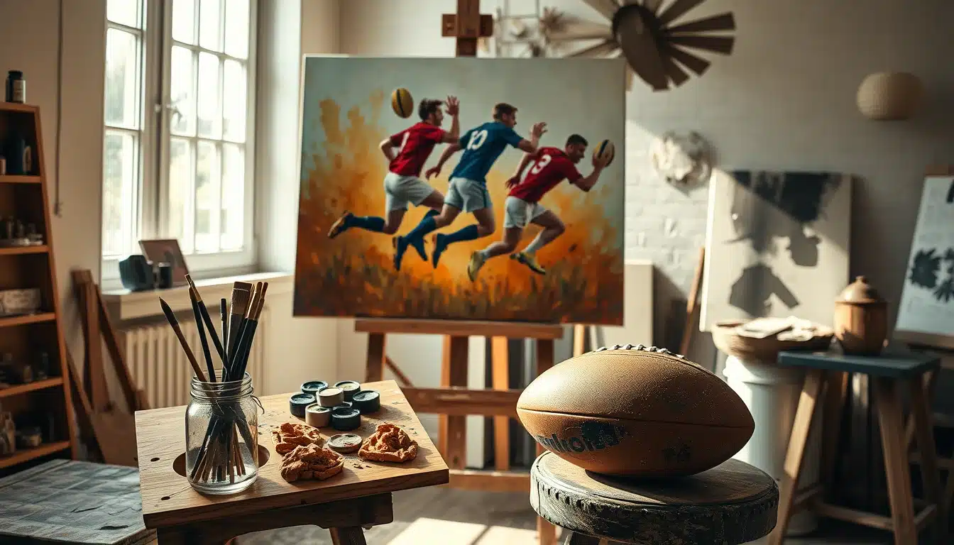 Peintre rugby : atelier d'artiste et toile de joueurs en mouvement — talentsartistiques.com