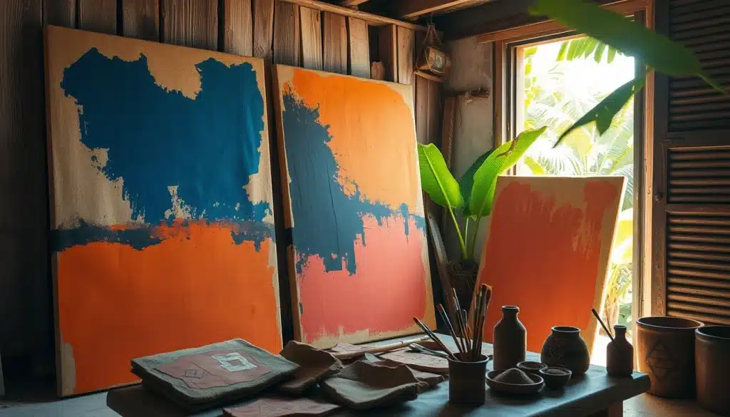 Peinture martiniquaise : atelier d'artiste en Martinique, toiles de jute aux pigments de terre