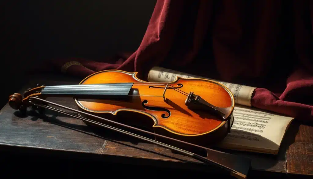 Peinture de violon : nature morte à l'instrument et à la partition — talentsartistiques.com