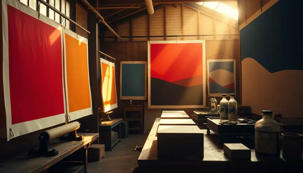 Publicité artiste : atelier de lithographie et affiches d'artiste en séchage — talentsartistiques.com