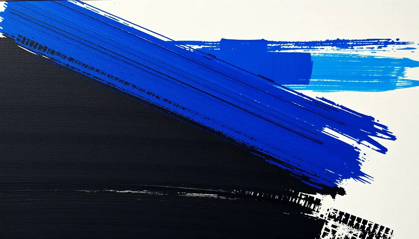 Soulages bleu : large brosse de bleu outremer traversant une bande noire sur papier