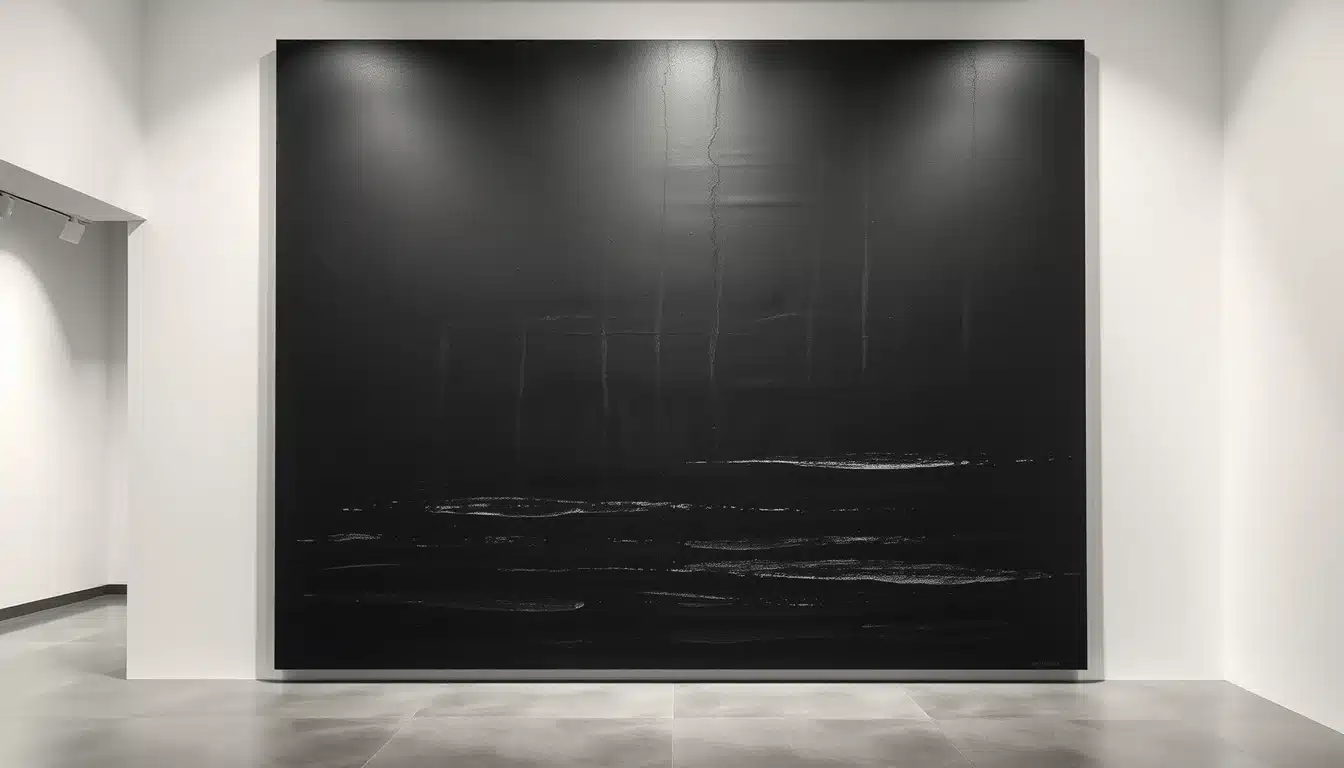 Tableau de Soulages outrenoir noir texturé accroché dans une galerie — talentsartistiques.com