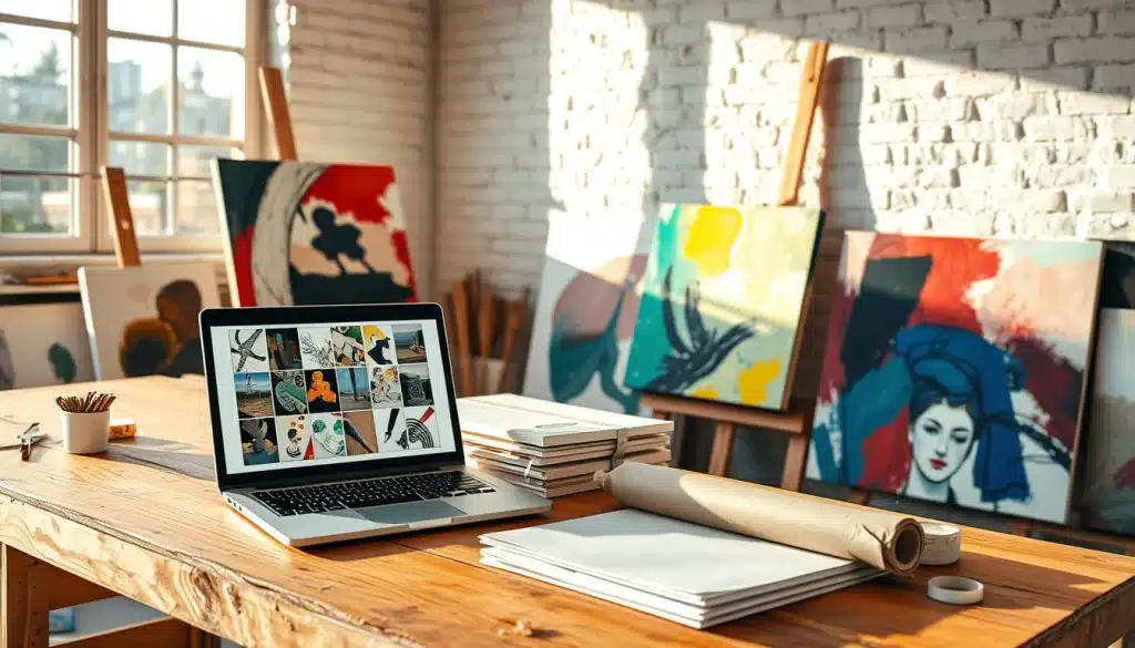 Atelier d'artiste préparant des toiles pour vendre des tableaux en ligne