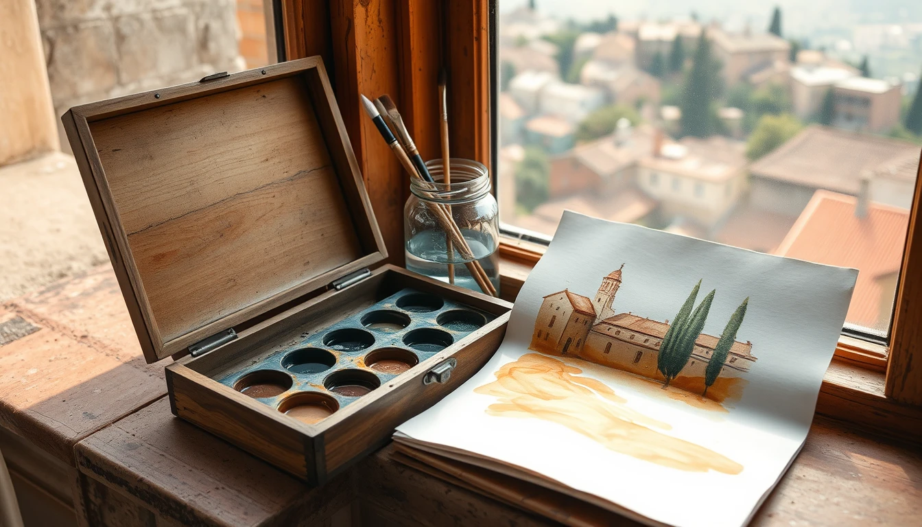 Aquarellistes italiens : boîte d'aquarelle et étude de toits italiens sur papier coton