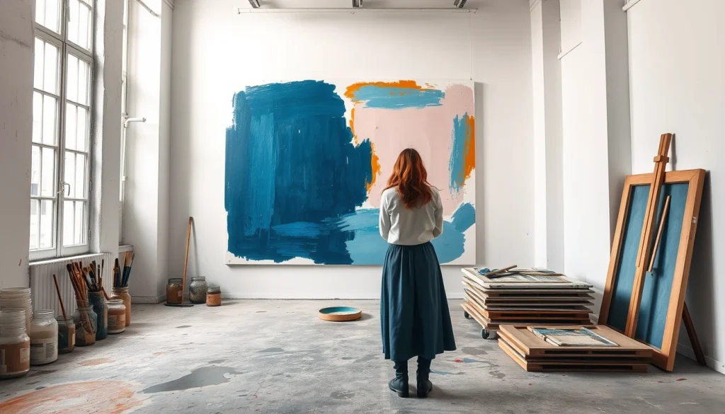 Femme peintre contemporaine française au travail devant une grande toile dans son atelier