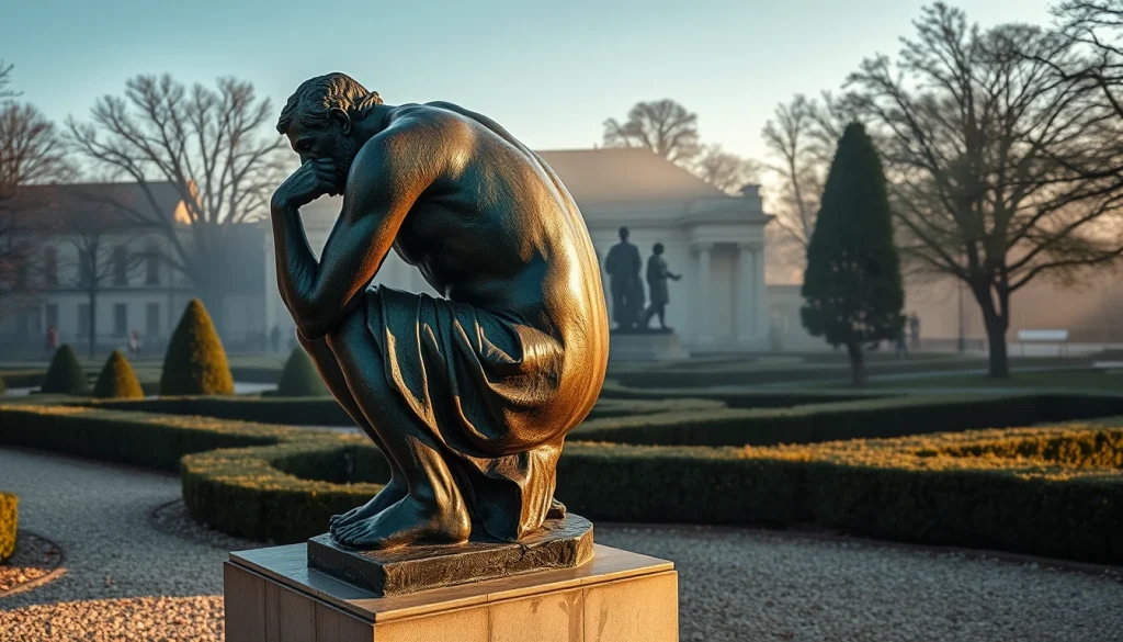 Le Penseur sculpture en bronze d'Auguste Rodin exposée dans un jardin de musée — talentsartistiques.com