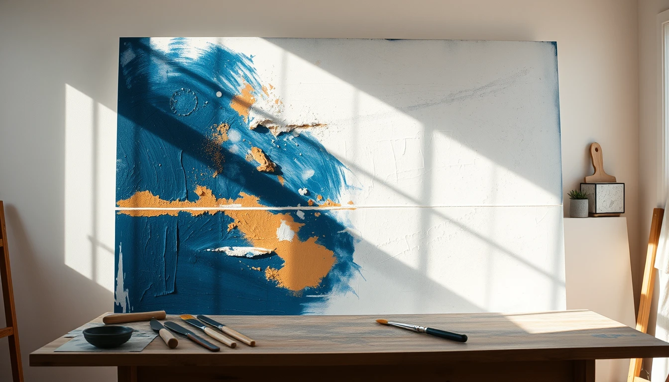 Mica peintre : toile abstraite chargée de sable et de poudre de marbre dans l'atelier — talentsartistiques.com