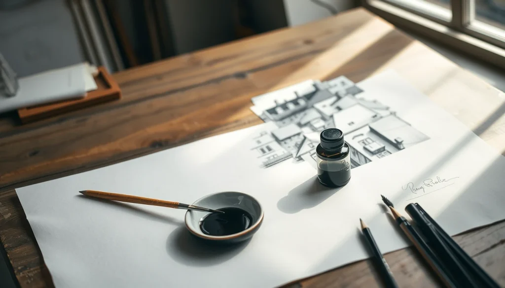 Table d’atelier de Nicolas Badout avec pinceau et encre de Chine — talentsartistiques.com