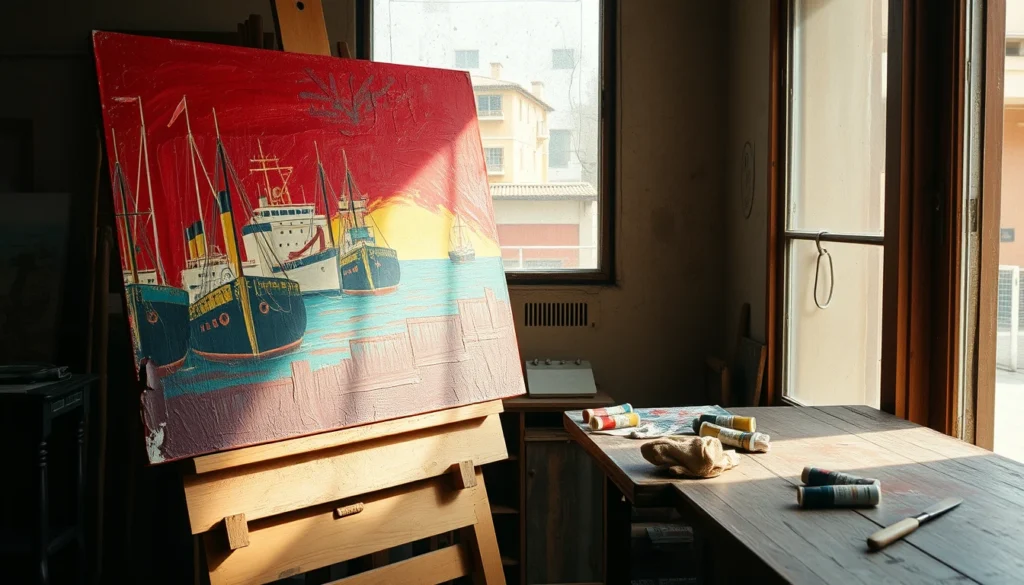 Peinture argentine : toile de port inspirée de La Boca sur un chevalet d'atelier à Buenos Aires